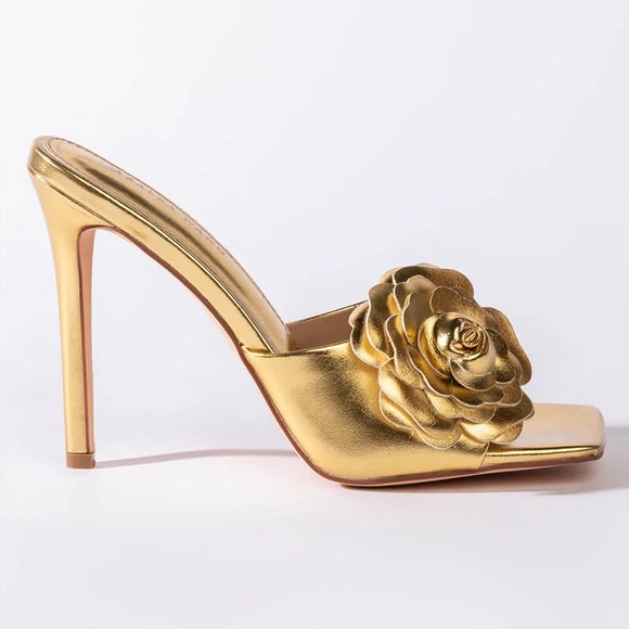 AZALEA WANG gold metallic faux leather Stiletto square toe flower sandal heels - Picture 7 of 12